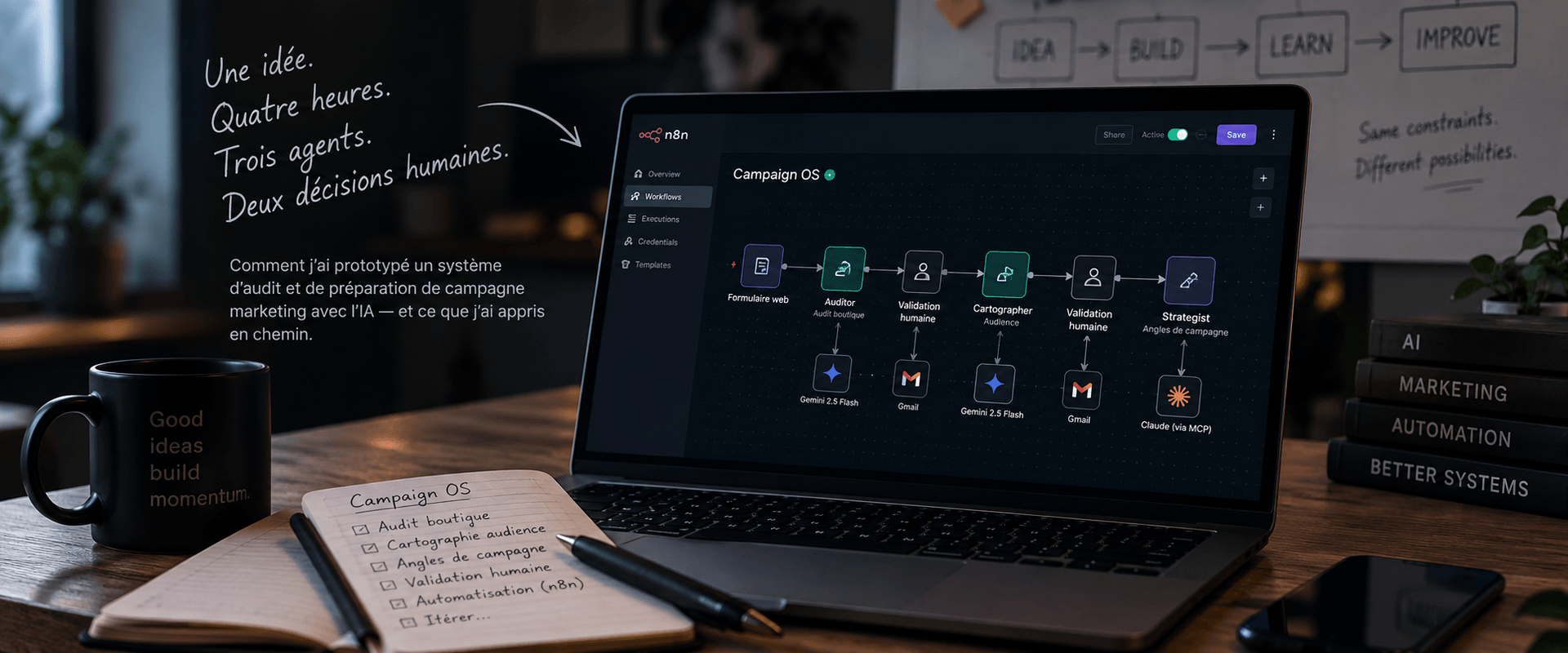 Prototype Campaign OS montrant un workflow n8n avec trois agents IA et deux étapes de validation humaine