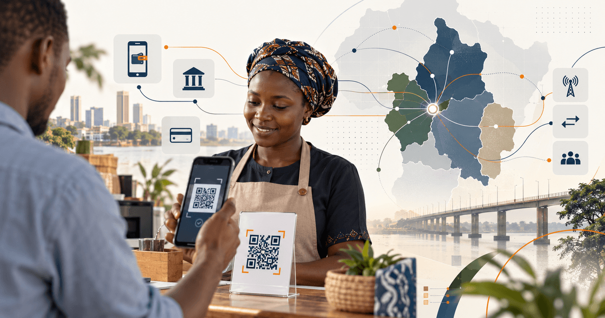Commerçante en Afrique centrale recevant un paiement par QR code, avec une carte stylisée de la CEMAC et des connexions numériques.