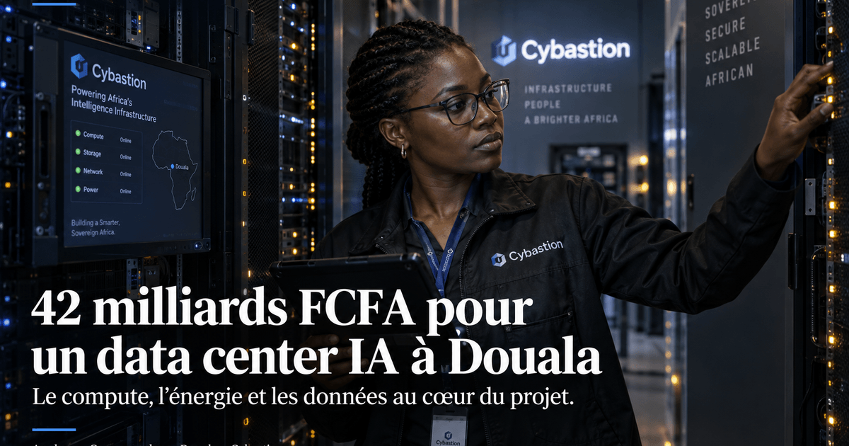 Illustration éditoriale d’une ingénieure dans un data center à Douala, autour du projet d’infrastructure IA annoncé par Cybastion au Cameroun.