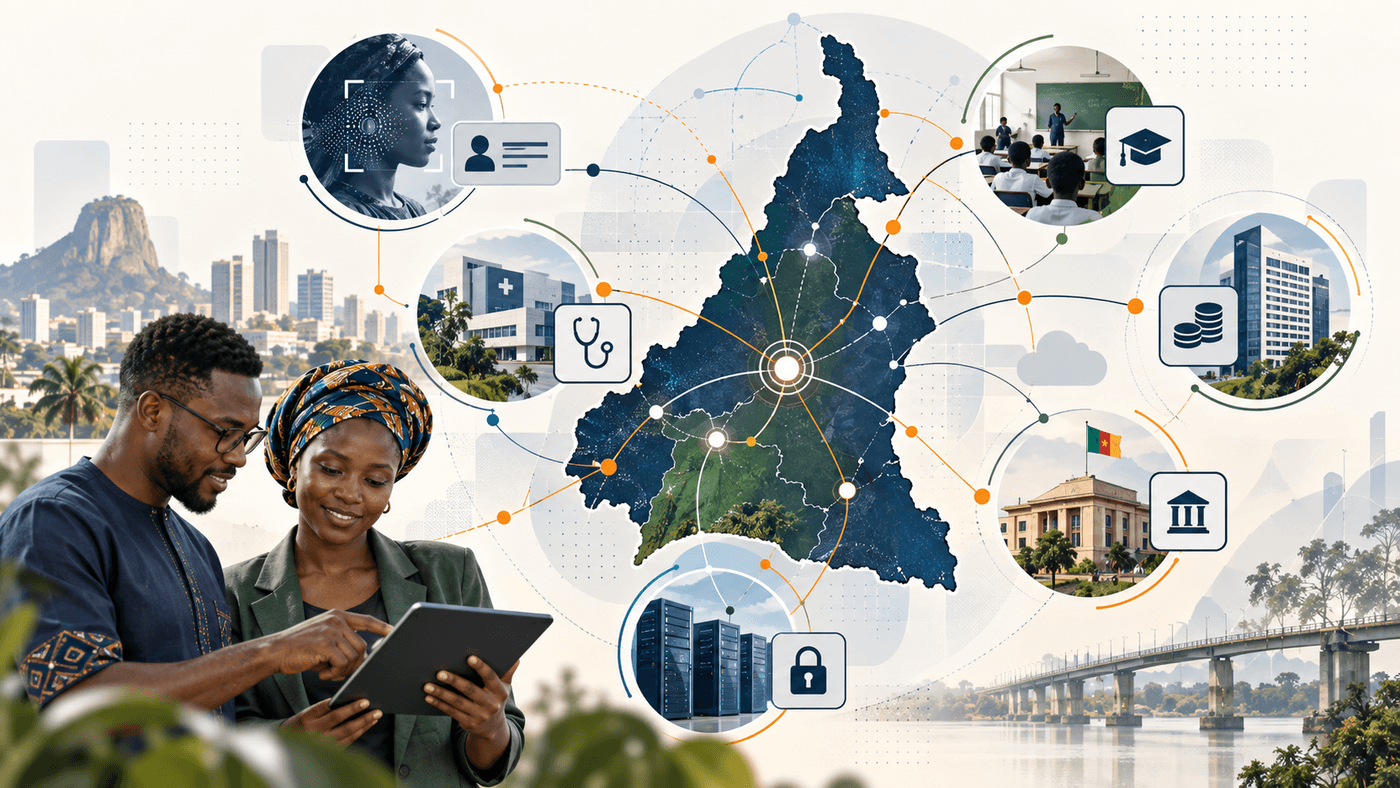 Map of Cameroon connected to multiple digital public services, illustrating interoperability between government systems, data and digital infrastructure.